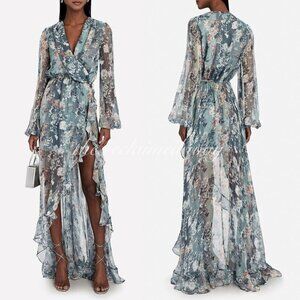 Caroline Constas Silk Vivan Floral Ruffled Georgette Maxi Gown Dress Slate Ombre